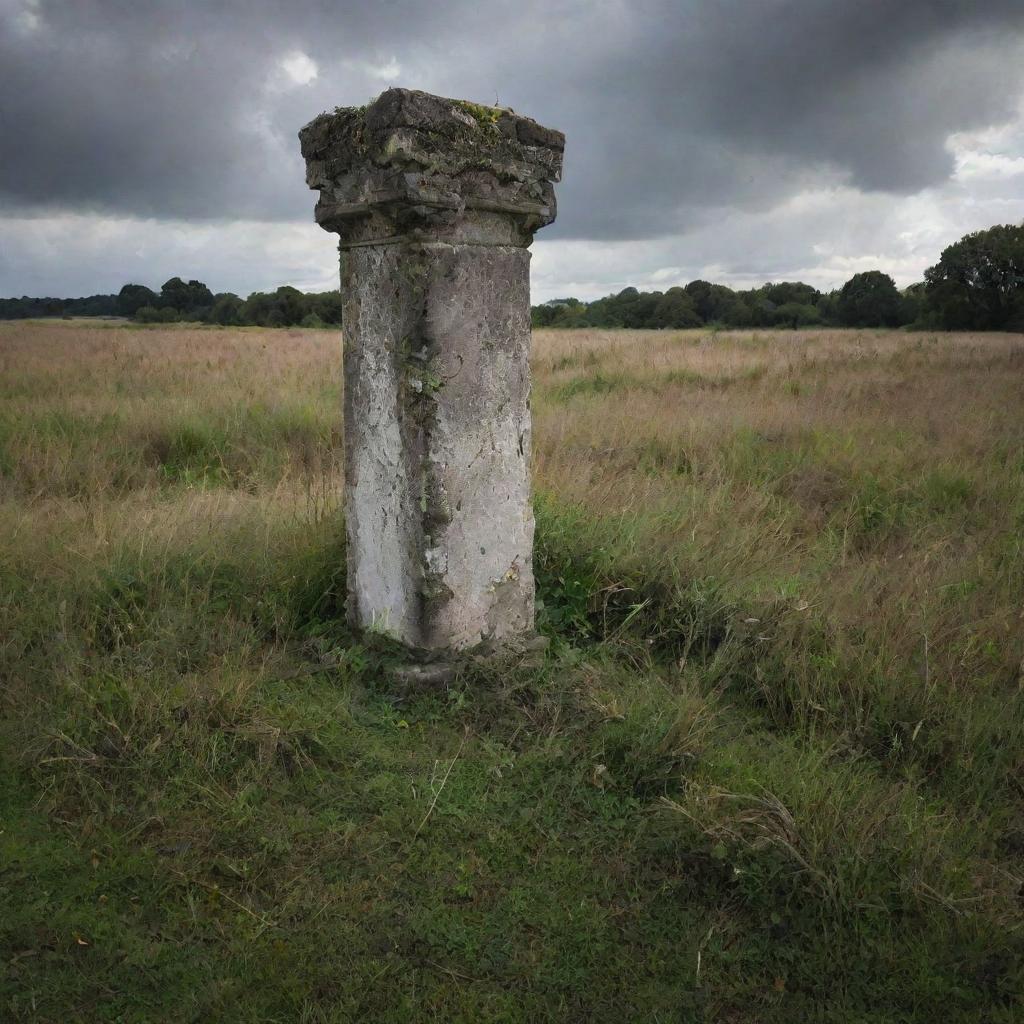 A fallen Roman-esque pillar, aged and weathered, lying amidst a thicket of overgrown grass under a sombre, cloudy sky