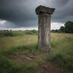 A fallen Roman-esque pillar, aged and weathered, lying amidst a thicket of overgrown grass under a sombre, cloudy sky