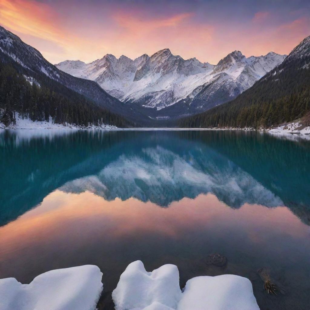 A serene, tranquil alpine lake, surrounded by towering, snow-capped mountains under a breathtakingly beautiful sunset sky