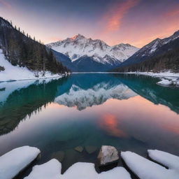 A serene, tranquil alpine lake, surrounded by towering, snow-capped mountains under a breathtakingly beautiful sunset sky