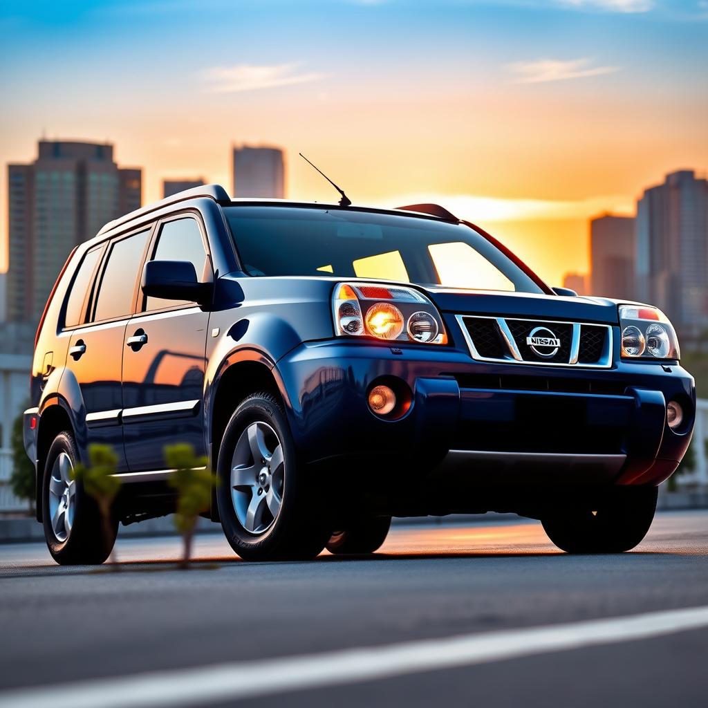 A Nissan X-Trail 2003 model parked in an urban environment, showcasing its sleek design and distinctive features