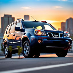 A Nissan X-Trail 2003 model parked in an urban environment, showcasing its sleek design and distinctive features