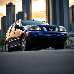 A Nissan X-Trail 2003 model parked in an urban environment, showcasing its sleek design and distinctive features