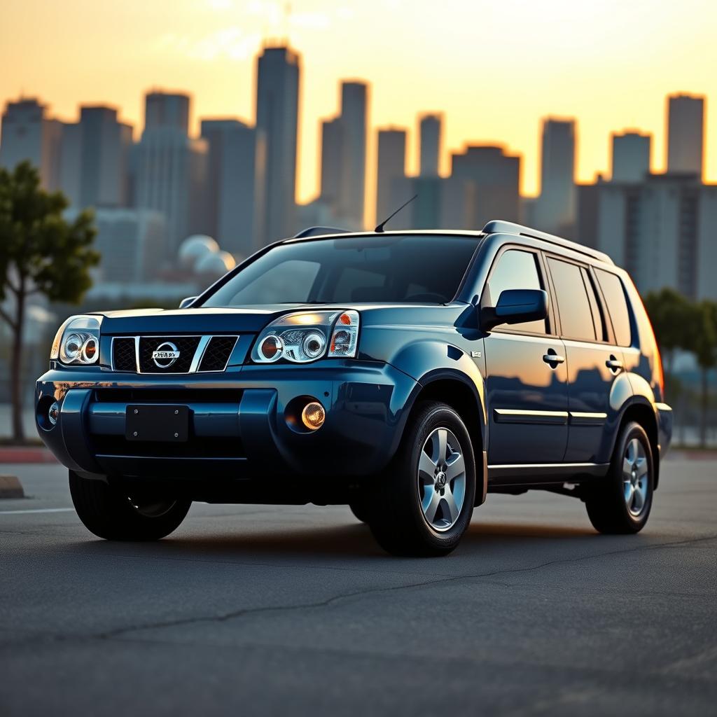 A Nissan X-Trail 2003 model parked in an urban environment, showcasing its sleek design and distinctive features