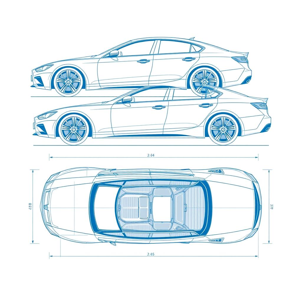 A detailed and high-quality blueprint illustration of a car, showcasing multiple views: right side, front, back, and top perspectives