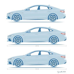 A detailed and high-quality blueprint illustration of a car, showcasing multiple views: right side, front, back, and top perspectives