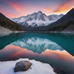 A serene, tranquil alpine lake, surrounded by towering, snow-capped mountains under a breathtakingly beautiful sunset sky