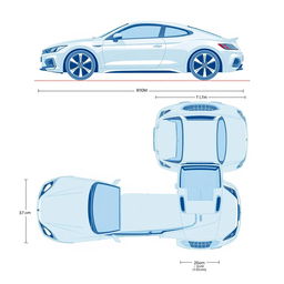 A detailed and high-quality blueprint illustration of a car, showcasing multiple views: right side, front, back, and top perspectives