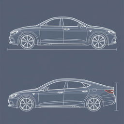 A detailed and high-quality blueprint illustration of a car, showcasing multiple views: right side, front, back, and top perspectives