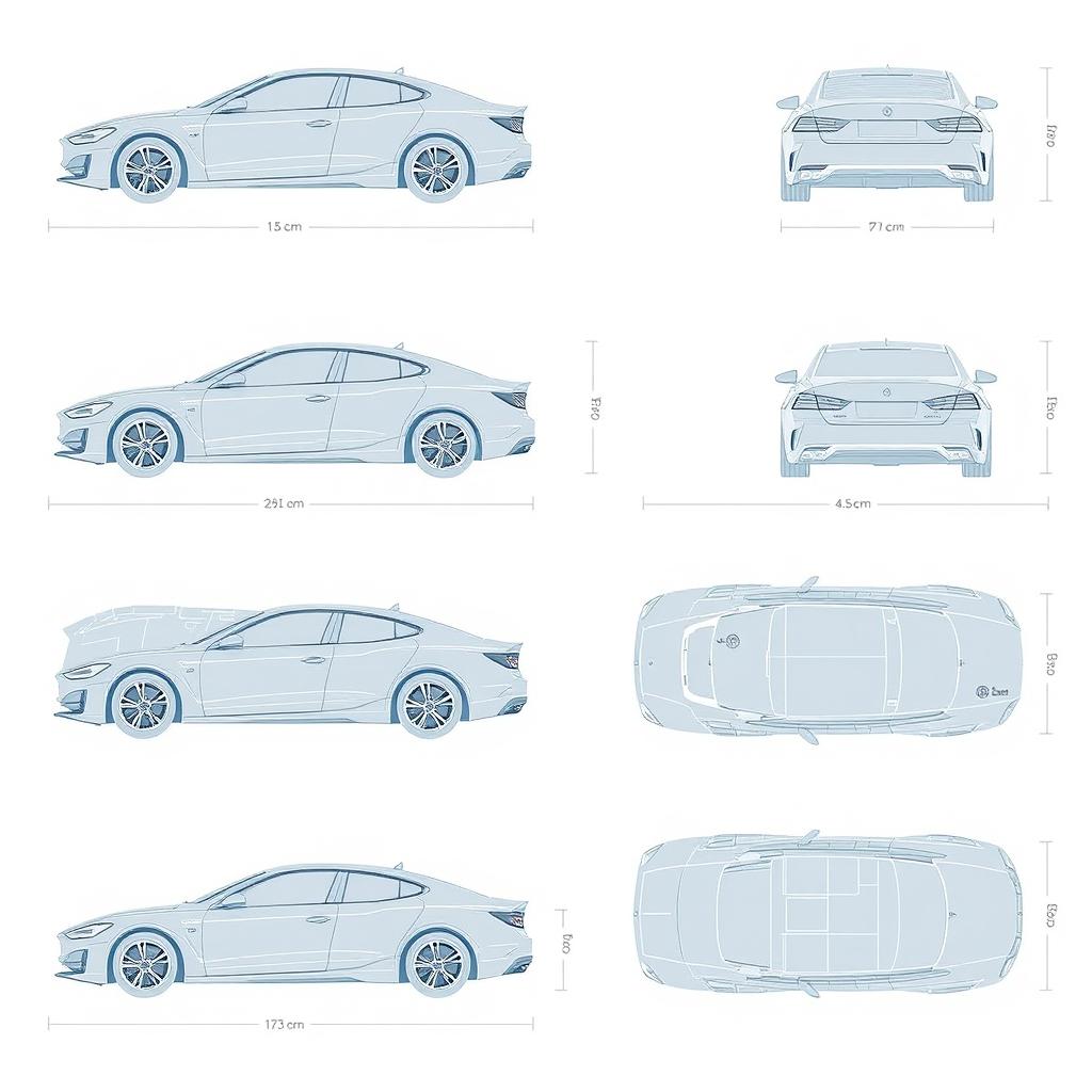 A comprehensive set of high-quality blueprint illustrations of a car, featuring various perspectives: right side, front, back, and top views