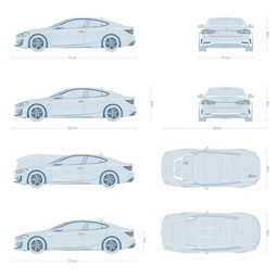 A comprehensive set of high-quality blueprint illustrations of a car, featuring various perspectives: right side, front, back, and top views