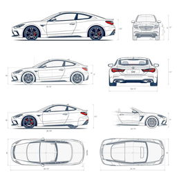 A comprehensive set of high-quality blueprint illustrations of a car, featuring various perspectives: right side, front, back, and top views