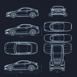 A comprehensive set of high-quality blueprint illustrations of a car, featuring various perspectives: right side, front, back, and top views