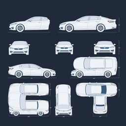 A comprehensive set of high-quality blueprint illustrations of a car, featuring various perspectives: right side, front, back, and top views