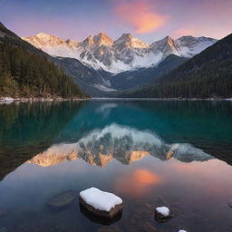 A serene, tranquil alpine lake, surrounded by towering, snow-capped mountains under a breathtakingly beautiful sunset sky