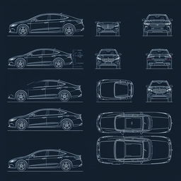 A comprehensive collection of 40 high-quality blueprint illustrations of a single car model, displayed from the correct perspectives: right side, front, back, and top views