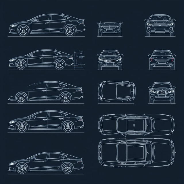 A comprehensive collection of 40 high-quality blueprint illustrations of a single car model, displayed from the correct perspectives: right side, front, back, and top views