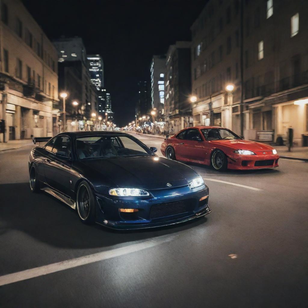 A high-speed, adrenaline-pumping race between a JDM Nissan Silvia S15, a Veilside Mazda RX-7, and a Nissan 350Z, on a night-lit city street enveloped in a radiant glow from streetlights and nearby buildings.