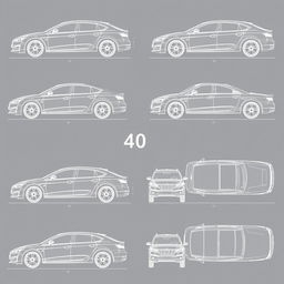 A comprehensive collection of 40 high-quality blueprint illustrations of a single car model, displayed from the correct perspectives: right side, front, back, and top views