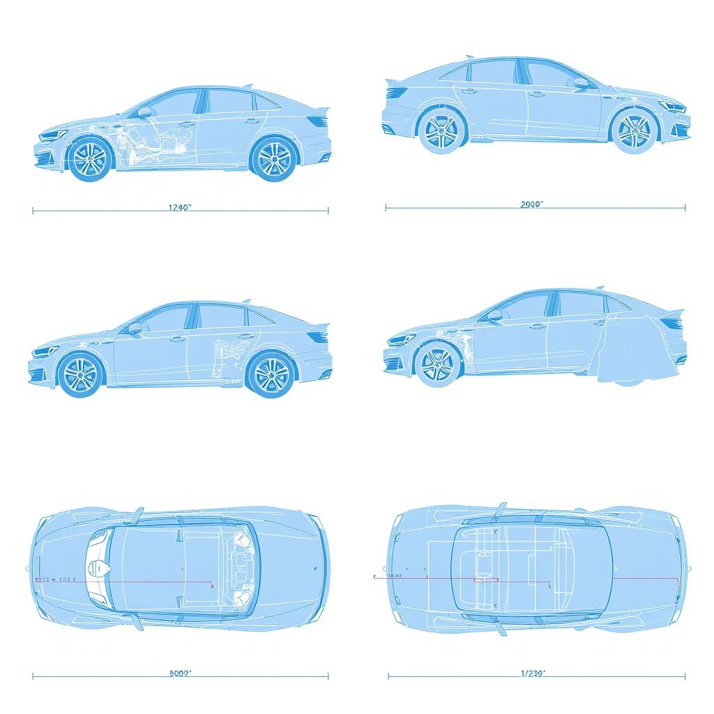 A collection of 40 high-quality blueprint illustrations of a single car model, meticulously presented from the correct perspectives: right side, front, back, and top views