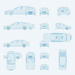 A collection of 40 high-quality blueprint illustrations of a single car model, meticulously presented from the correct perspectives: right side, front, back, and top views