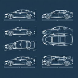 A collection of 40 high-quality blueprint illustrations of a single car model, meticulously presented from the correct perspectives: right side, front, back, and top views