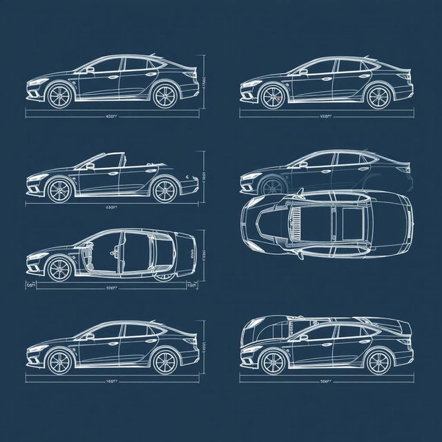 A collection of 40 high-quality blueprint illustrations of a single car model, meticulously presented from the correct perspectives: right side, front, back, and top views