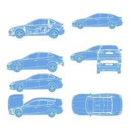 A collection of 40 high-quality blueprint illustrations of a single car model, meticulously presented from the correct perspectives: right side, front, back, and top views