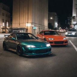 A high-speed, adrenaline-pumping race between a JDM Nissan Silvia S15, a Veilside Mazda RX-7, and a Nissan 350Z, on a night-lit city street enveloped in a radiant glow from streetlights and nearby buildings.