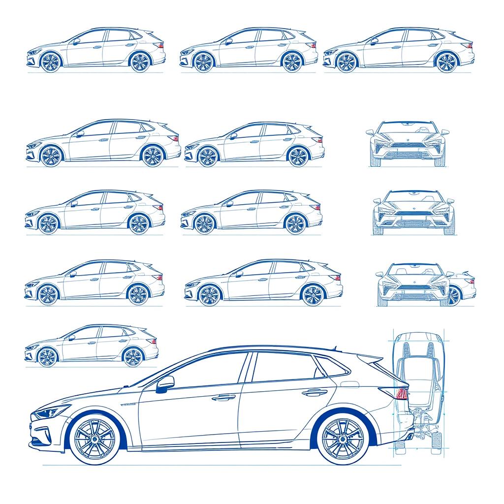 A detailed collection of 50 unique high-quality blueprint sketch illustrations of a single car model, presented from multiple perspectives: right side, front, back, and top views