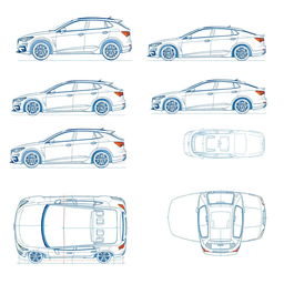 A detailed collection of 50 unique high-quality blueprint sketch illustrations of a single car model, presented from multiple perspectives: right side, front, back, and top views