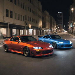 A high-speed, adrenaline-pumping race between a JDM Nissan Silvia S15, a Veilside Mazda RX-7, and a Nissan 350Z, on a night-lit city street enveloped in a radiant glow from streetlights and nearby buildings.