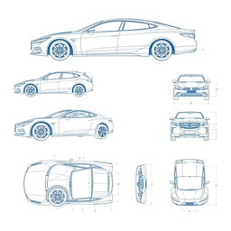 A detailed collection of 50 unique high-quality blueprint sketch illustrations of a single car model, presented from multiple perspectives: right side, front, back, and top views