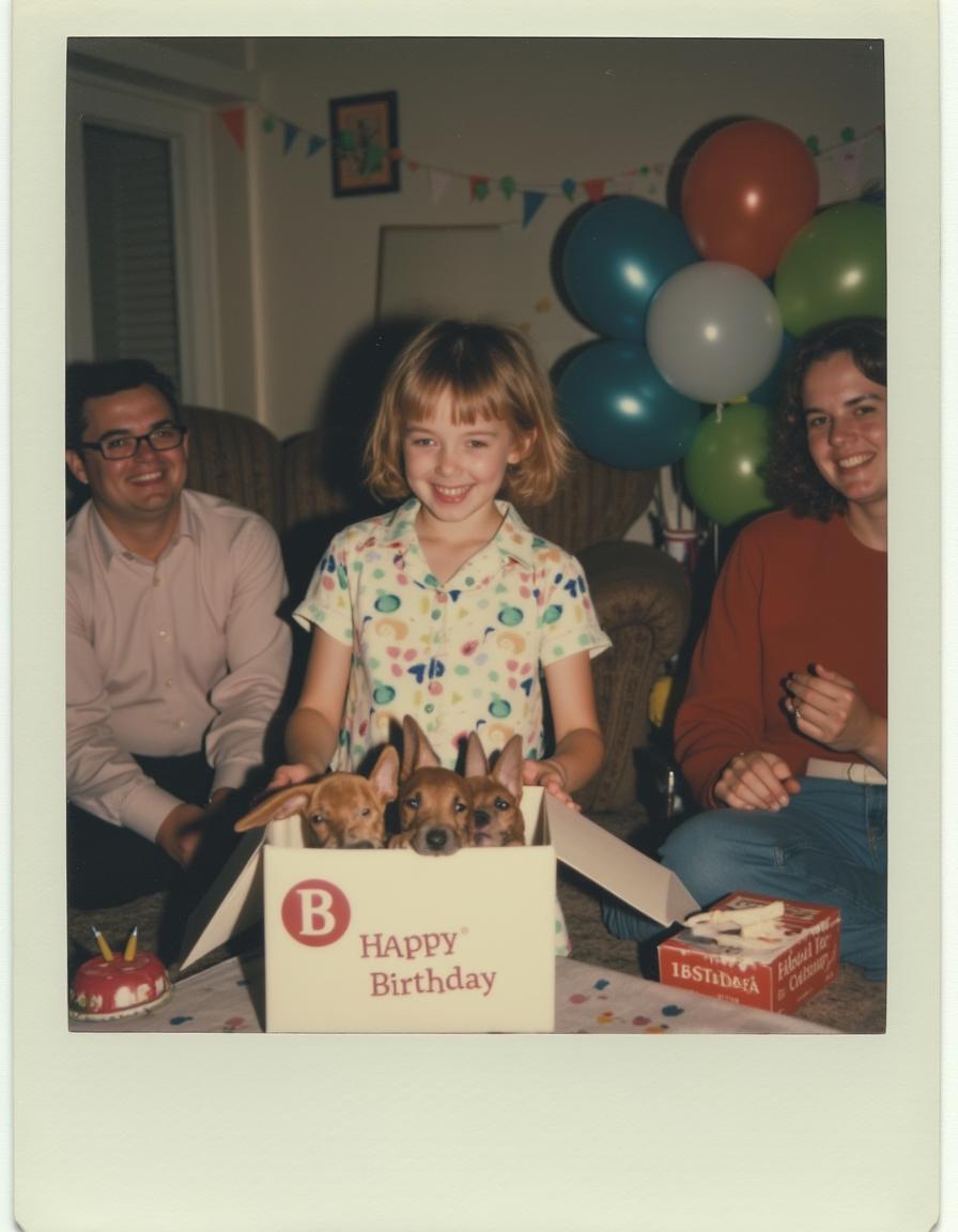 A candid polaroid picture capturing a nostalgic 90s American birthday party scene