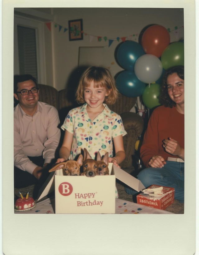 A candid polaroid picture capturing a nostalgic 90s American birthday party scene