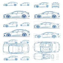 A detailed collection of 50 unique high-quality blueprint sketch illustrations of a single car model, presented from multiple perspectives: right side, front, back, and top views