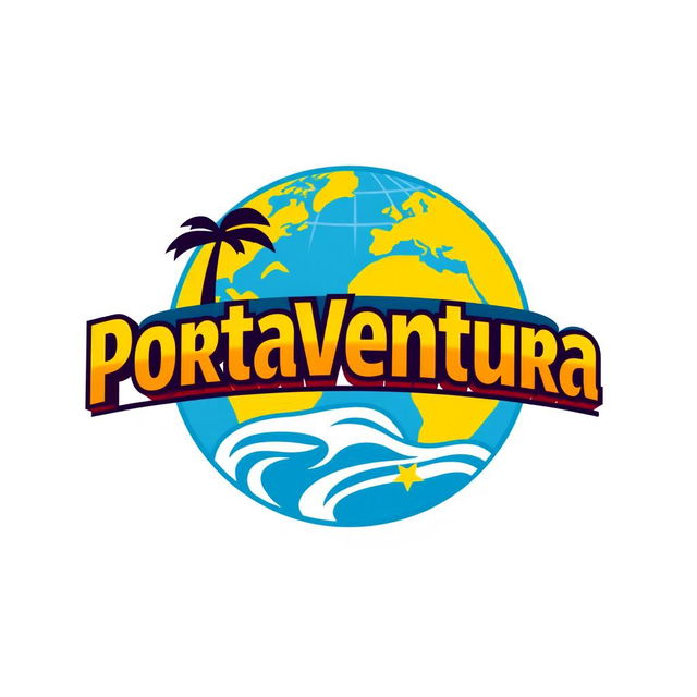 A logo design for 'Portaventura', inspired by the Universal Studios Park logo, featuring a globe or planet motif to symbolize adventure and exploration