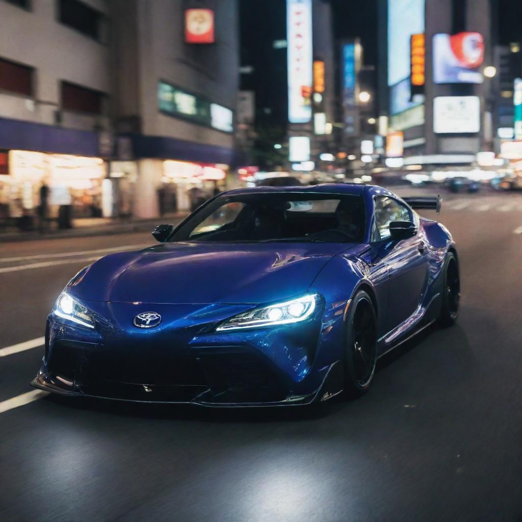 A stylish Toyota sports car, captured mid-drift on a bustling Tokyo street at night, surrounded by vibrant neon lights and high-speed motion blur.