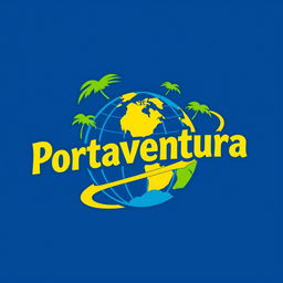 A logo design for 'Portaventura', inspired by the Universal Studios Park logo, featuring a globe or planet motif to symbolize adventure and exploration