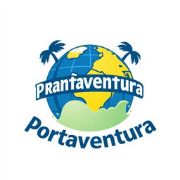 A logo design for 'Portaventura', inspired by the Universal Studios Park logo, featuring a globe or planet motif to symbolize adventure and exploration