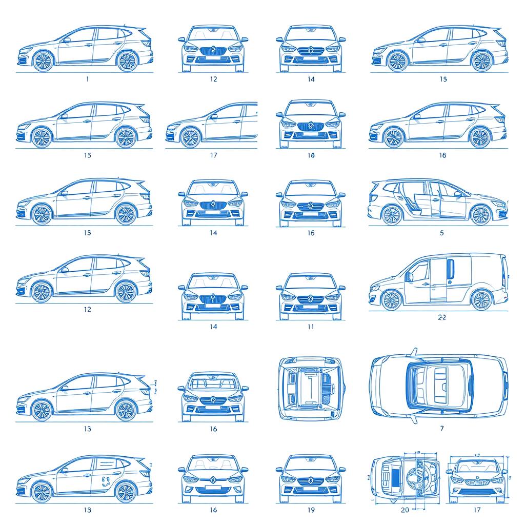 A high-quality collection of 50 unique blueprint illustrations of a single car model, accurately presented from multiple perspectives: right side, front, back, and top views