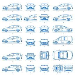 A high-quality collection of 50 unique blueprint illustrations of a single car model, accurately presented from multiple perspectives: right side, front, back, and top views