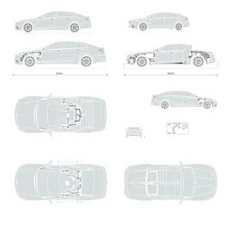 A high-quality collection of 50 unique blueprint illustrations of a single car model, accurately presented from multiple perspectives: right side, front, back, and top views