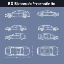 A high-quality collection of 50 unique blueprint illustrations of a single car model, accurately presented from multiple perspectives: right side, front, back, and top views