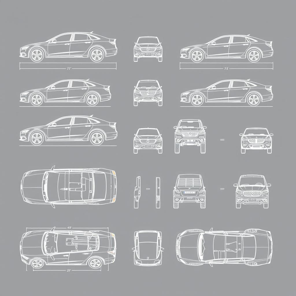 A high-quality collection of 50 unique blueprint illustrations of a single car model, accurately presented from multiple perspectives: right side, front, back, and top views