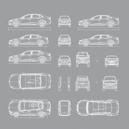 A high-quality collection of 50 unique blueprint illustrations of a single car model, accurately presented from multiple perspectives: right side, front, back, and top views