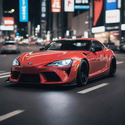 A stylish Toyota sports car, captured mid-drift on a bustling Tokyo street at night, surrounded by vibrant neon lights and high-speed motion blur.