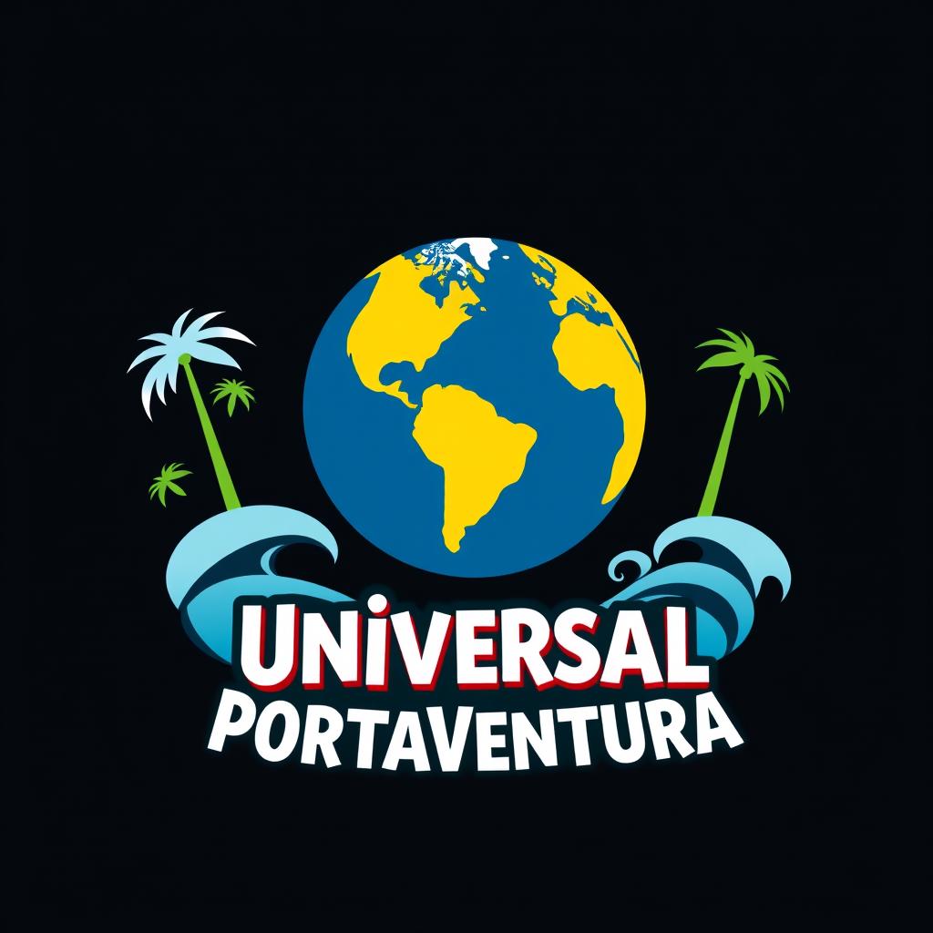 A logo design for 'Universal Portaventura', inspired by the Universal Studios Park logo, featuring a globe as a central element symbolizing global adventure and fun