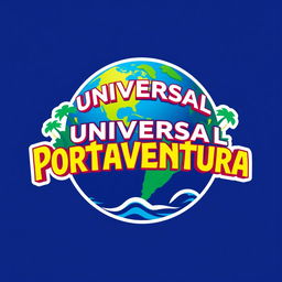 A logo design for 'Universal Portaventura', inspired by the Universal Studios Park logo, featuring a globe as a central element symbolizing global adventure and fun