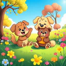 A charming cartoon scene featuring a playful dog and a cute little bear as best friends